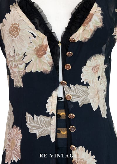 古典黑底米色菊花開襟長版罩衫/長洋裝3