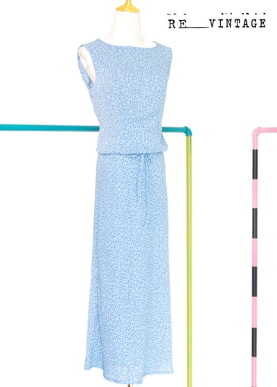 義大利製 - Sisley 水藍色小花長洋裝1