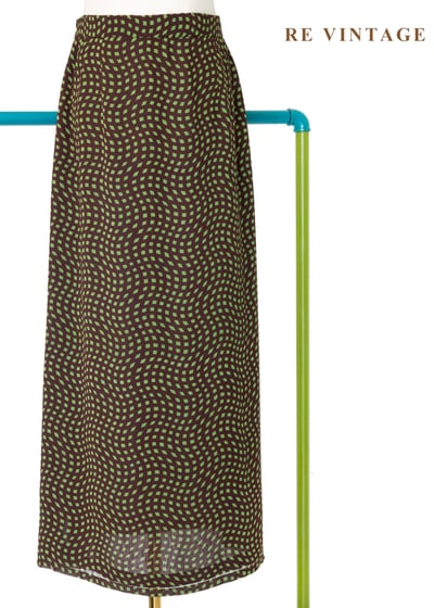 咖啡底綠色扭曲方格印花長裙（24-28"）1