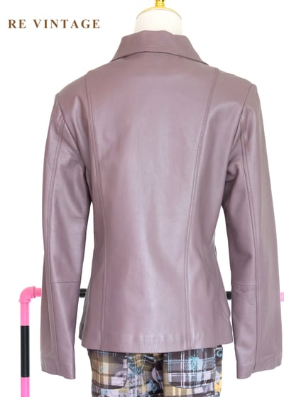 藕紫色極簡反領皮衣外套9