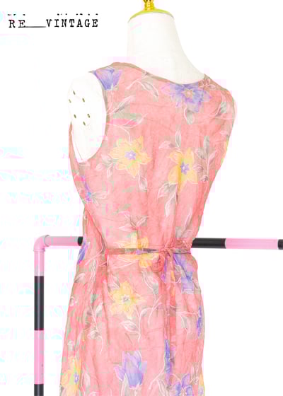 春天雙色花花桃粉色長洋裝9