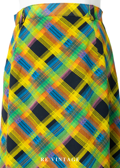 明亮黃綠黑三色交錯斜紋格紋高腰長裙（26"）3