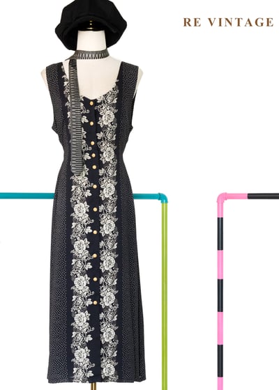 繁花盛引波點拼接黑白系長洋裝1