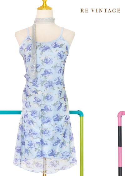 水藍玫瑰網紗細肩帶洋裝1