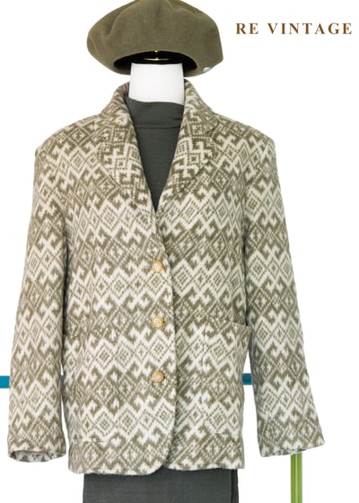 奶黃苔蘚綠菱格圖騰毛呢西裝外套1