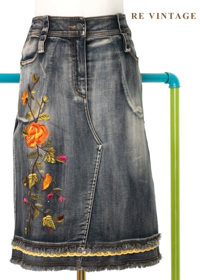 南法花跡 - 暖橘刺繡刷色丹寧裙（26"）1