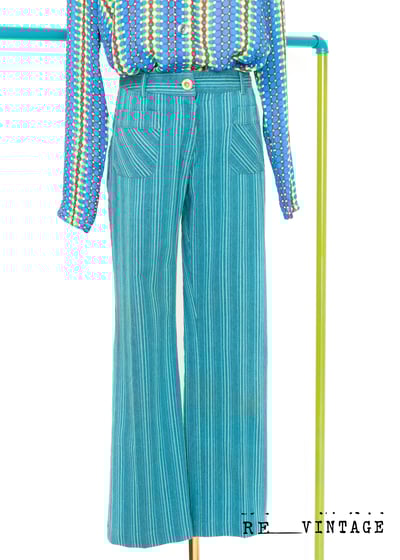 美臀綠花刺繡藍綠色直筒褲3