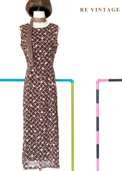 昭和少女的野餐棕色花卉菱格長洋裝1