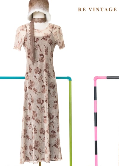 摩卡玫瑰薄紗兩件式長洋裝1