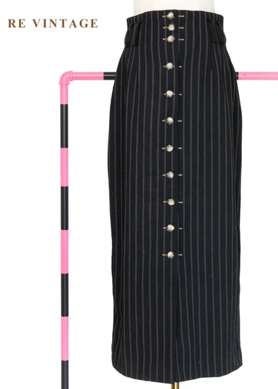 縱橫秩序 - 高腰排釦直條紋高腰長裙（26"）1