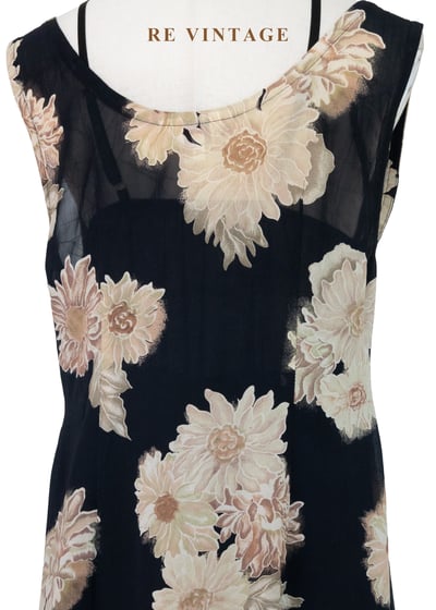 古典黑底米色菊花開襟長版罩衫/長洋裝14