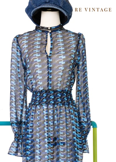 波光藍格輕紗復古長洋裝3