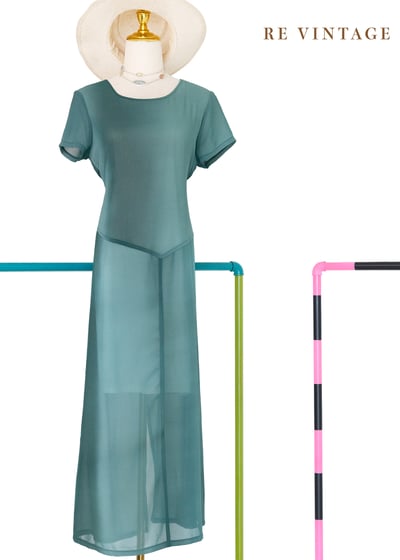 玻璃浪漸層青綠優雅長洋裝1