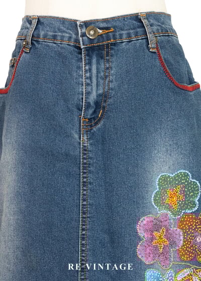 俏皮花朵珠飾牛仔短裙（27"）3