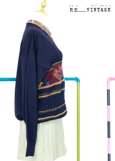 深藍色幾何圖形圖騰毛料針織上衣3