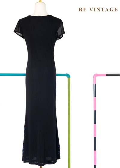 知性藍色植物標本黑底長洋裝15