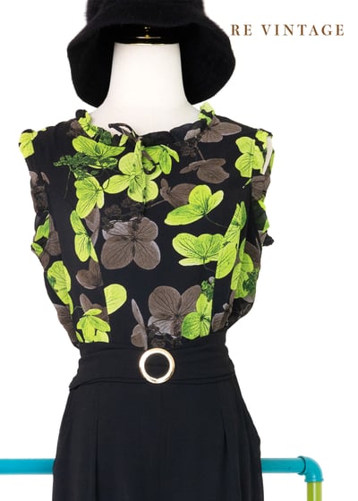 綠色花影黑雪紡連身褲3