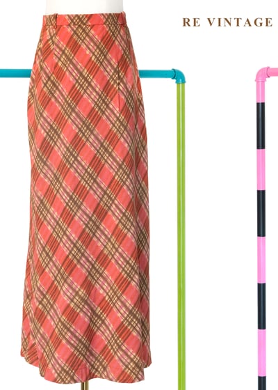 珊瑚紅菱格紋可愛長裙（28"）1