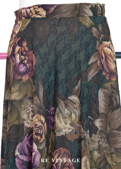 古典大花卉深苔綠千鳥格中長裙（~26"）3