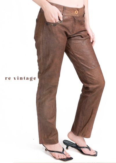 摩卡棕復古金屬飾品直筒皮褲1