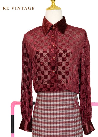 酒紅棋盤格光影交錯燒絨上衣1