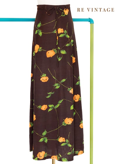 橘色小花高腰水水彈性布料長裙（23"-27"）1