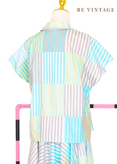 『歐洲寶物』套裝 - 薄荷奶黃色格紋線條襯衫11