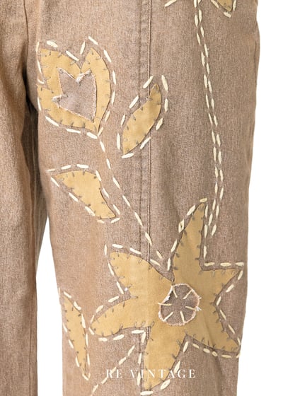 卡其棕拼接手縫小花中高腰褲褲（26"）10