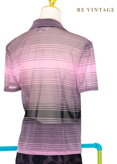 黑與粉相間線條網紗透膚上衣9