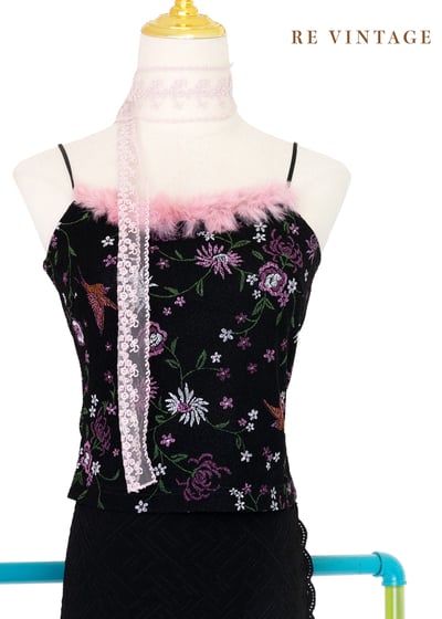粉邊花鳥華麗少女細肩帶背心1