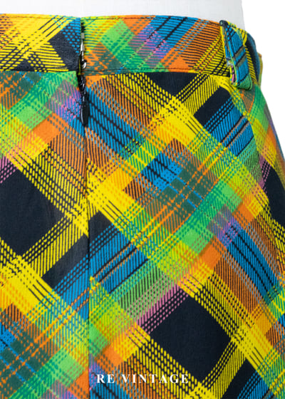 明亮黃綠黑三色交錯斜紋格紋高腰長裙（26"）10