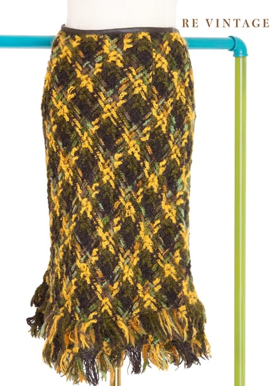 黃綠色菱格紋毛料流蘇及膝裙（25"）6