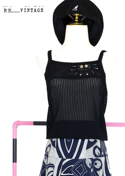 珠珠小花透膚黑色細肩帶背心2