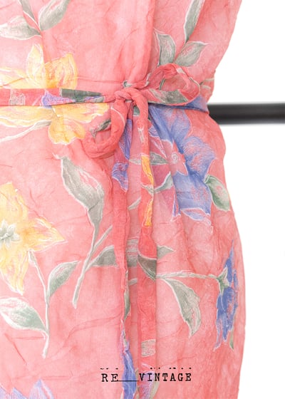 春天雙色花花桃粉色長洋裝10