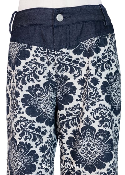 深藍白花復古花紋喇叭褲3
