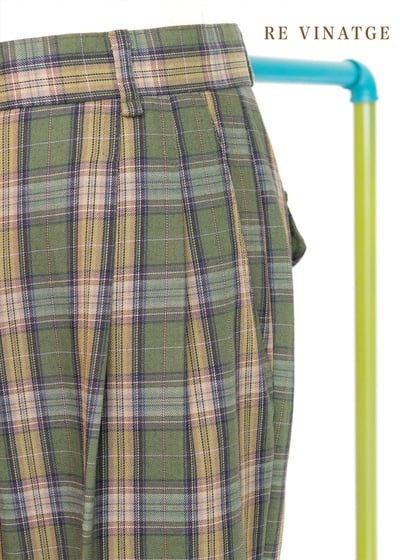 韓國製 - （大尺碼）森林綠高腰格紋西裝褲6
