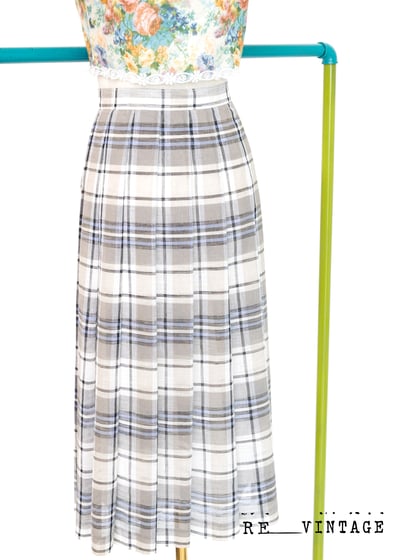 麻料手感的粉筆藍灰色格紋百褶裙2