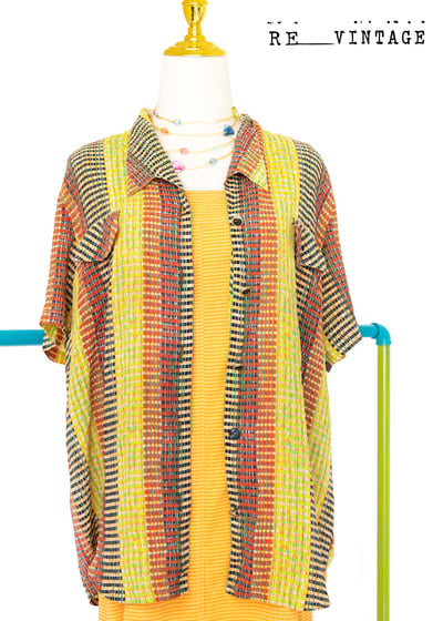 格紋線條黃橘黑短袖襯衫4