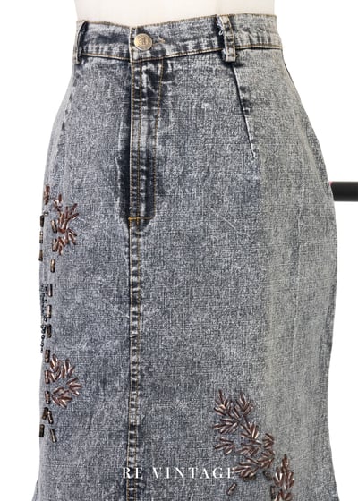 水洗灰調煙燻珠飾綻放牛仔裙（27"）3