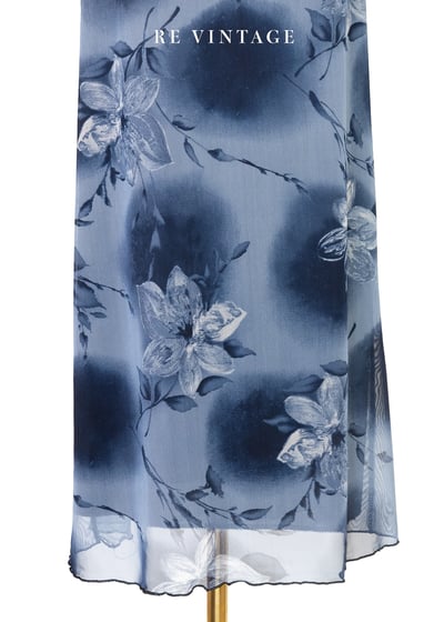 深藍水墨花卉畫網紗長裙（28-32"）5