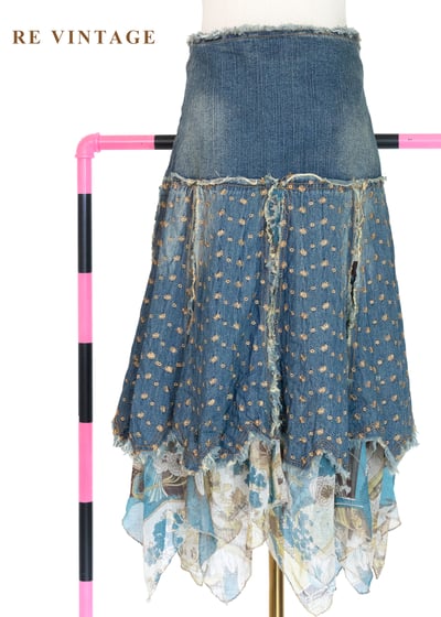 叛逆愛麗絲 - 洗舊小花拼貼丹寧美裙（29"）8
