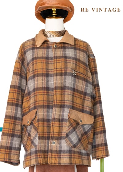 焦糖格紋毛呢拼皮革長版外套1