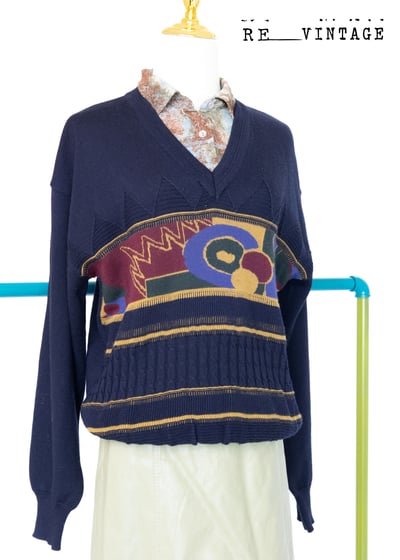 深藍色幾何圖形圖騰毛料針織上衣1