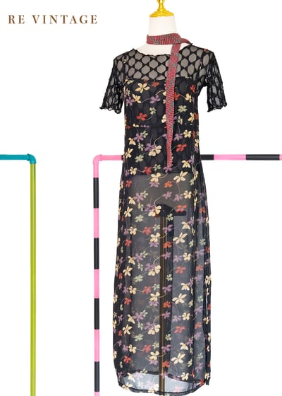 文藝小花透膚細肩帶長洋裝1