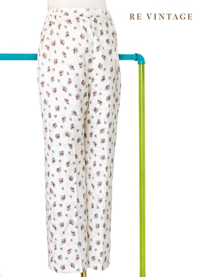 光澤香草奶白色小花高腰九分褲（27-29"）7