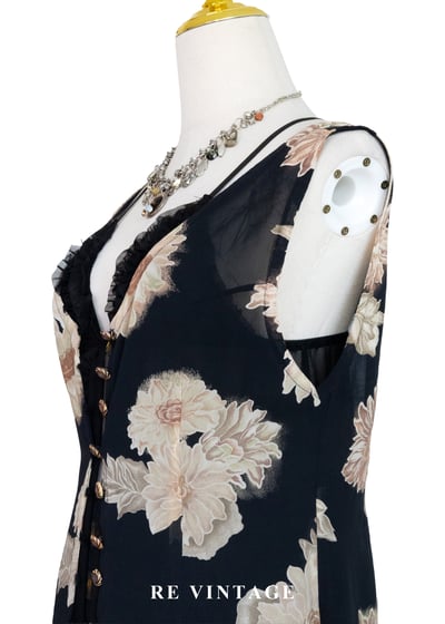 古典黑底米色菊花開襟長版罩衫/長洋裝10