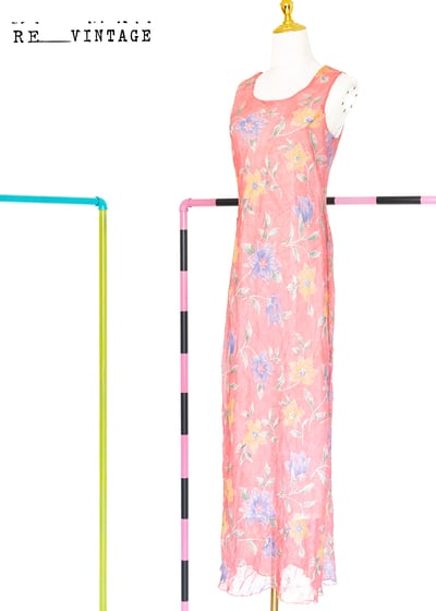 春天雙色花花桃粉色長洋裝1