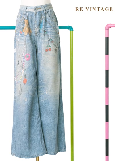 趣味擬真吊飾印花水洗高腰寬版褲（26"）1