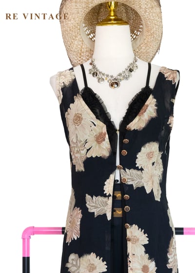 古典黑底米色菊花開襟長版罩衫/長洋裝9