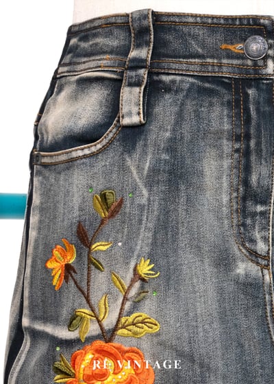 南法花跡 - 暖橘刺繡刷色丹寧裙（26"）5